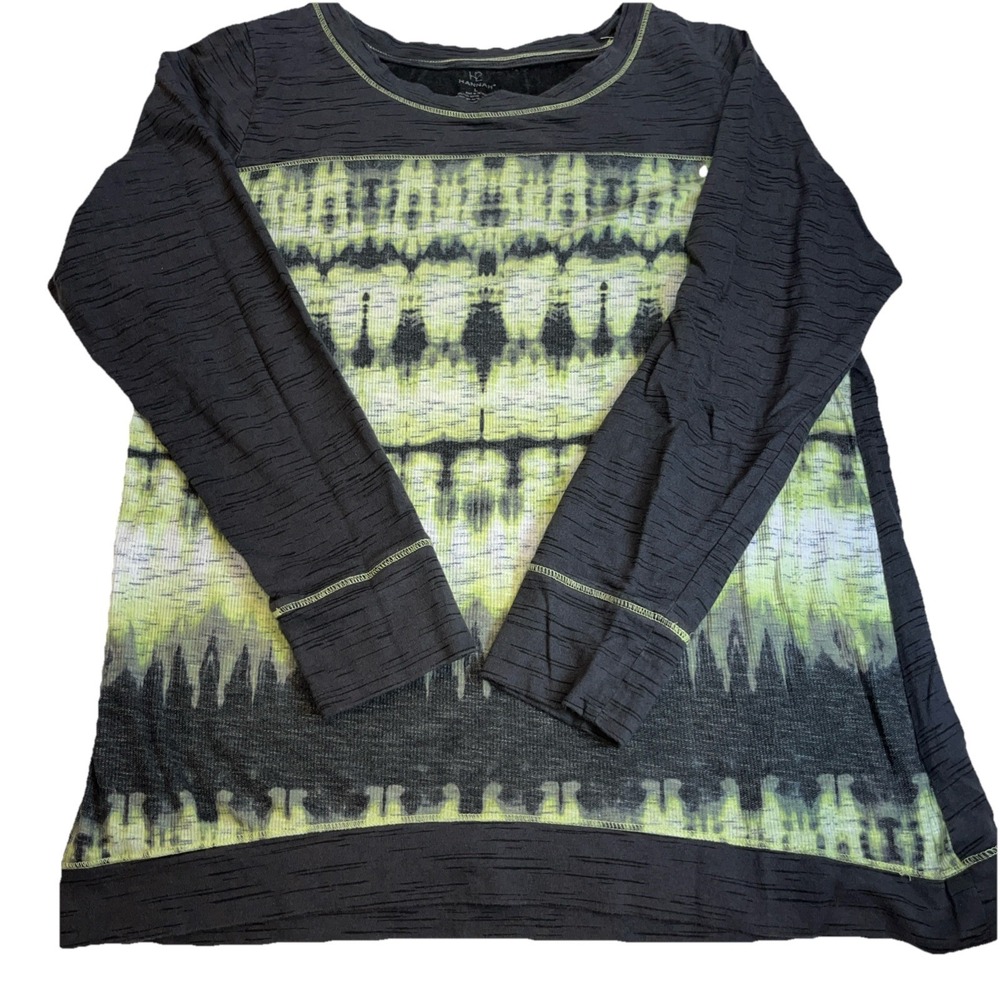 Hannah Womens Large Tie Dye Mixed Media Slub Knit Long Sleeve Top Gray Lime
